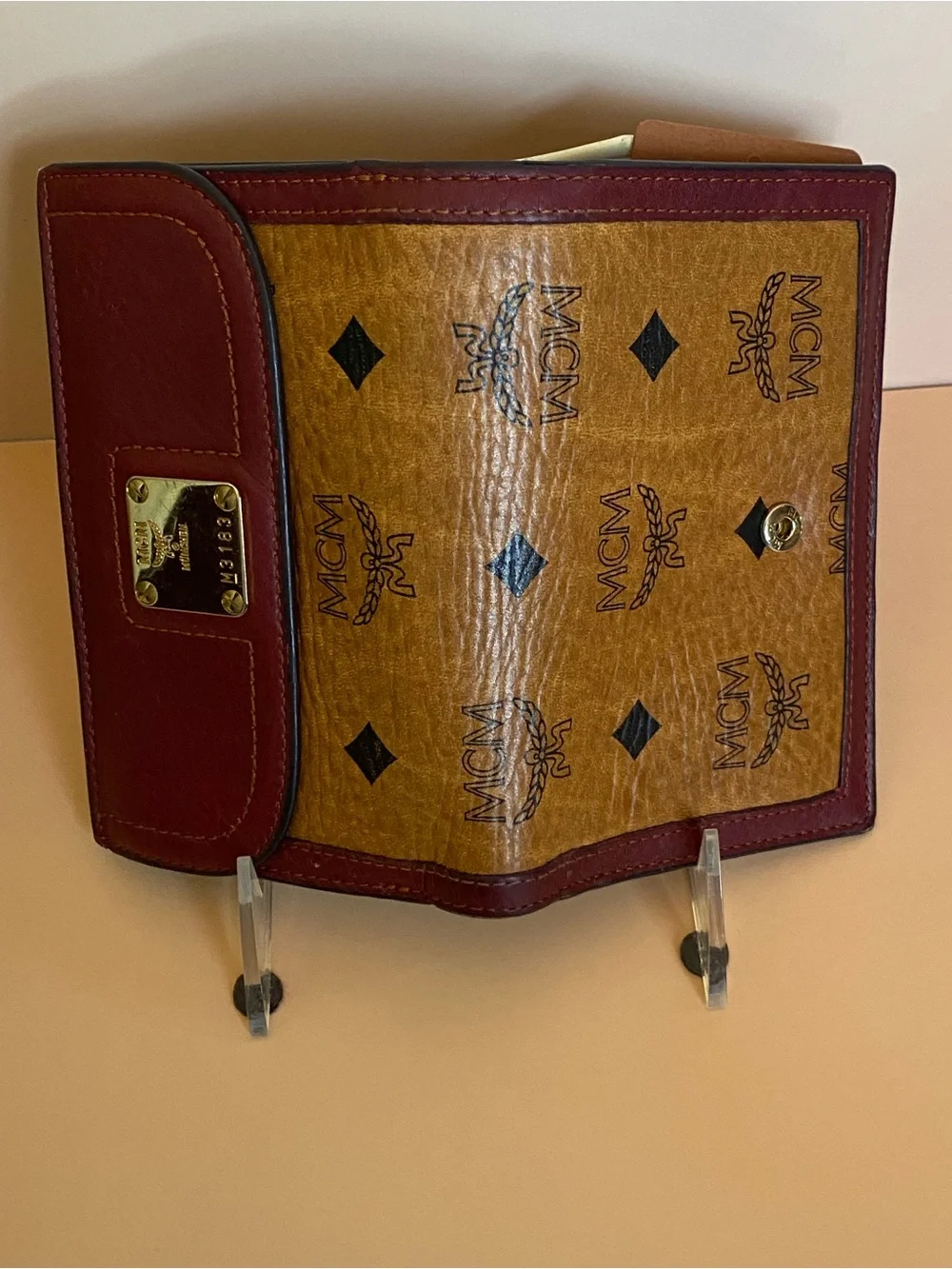 MCM Two-Tone Trifold Leather Continental Wallet in Burgundy and Cognac Brown